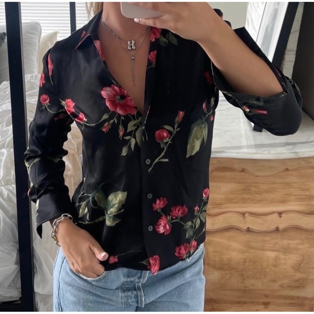 Vintage 90s Silk Floral Print Long Sleeve Blouse